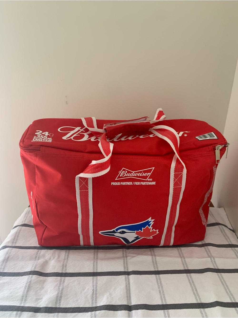 Budweiser Red Cooler Bag with White Accents and Blue Jays Logo